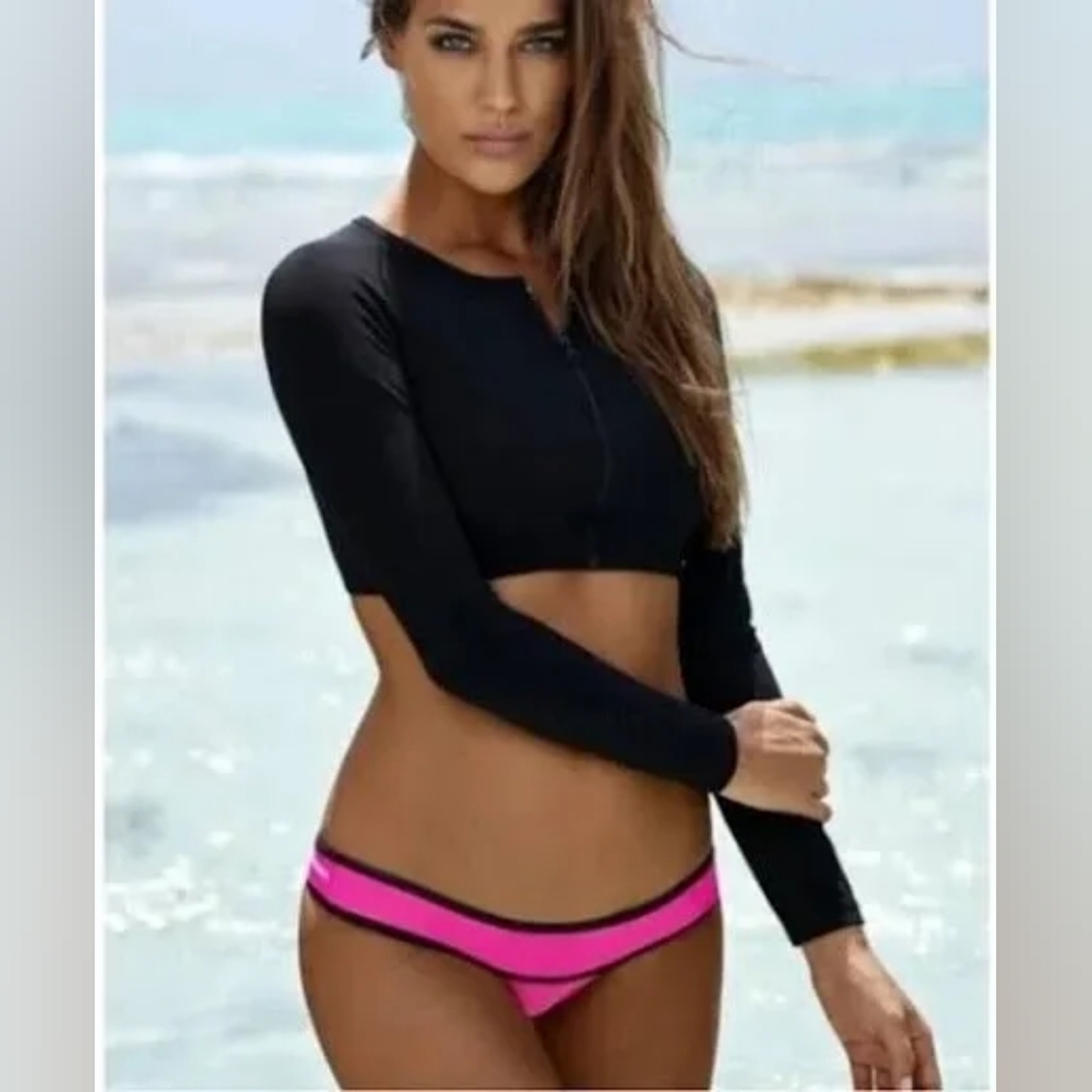 NWT! PILYQ NEO BLOCK PIPED BANDED FULL SWIM NEON PINK BIKINI BOTTOM